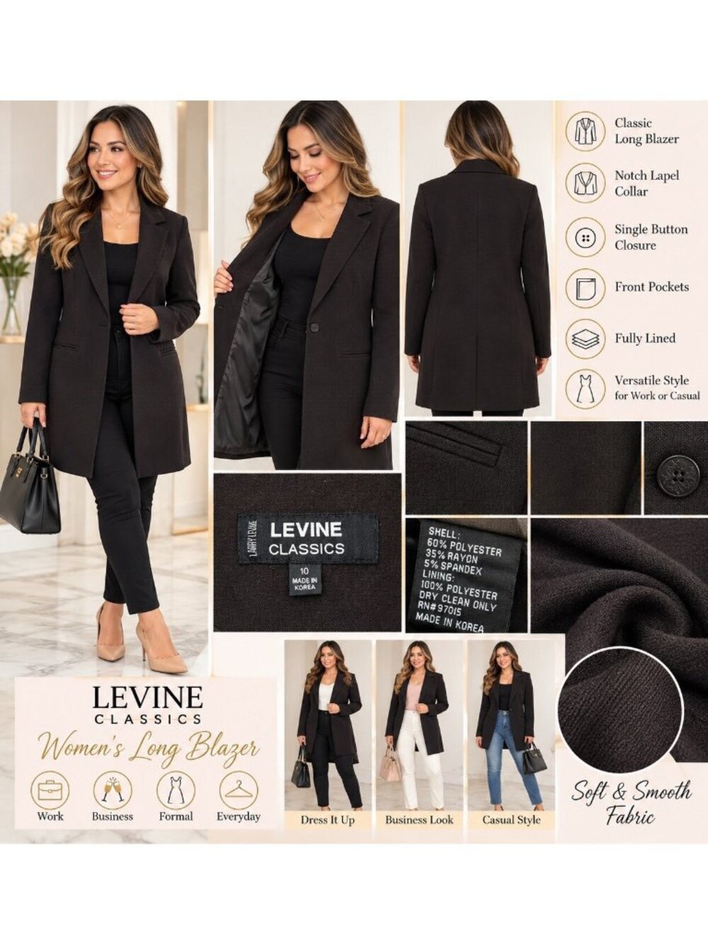 Levine Classics Women’s Size 10 Long Blazer Black Brown Career Coat Lined